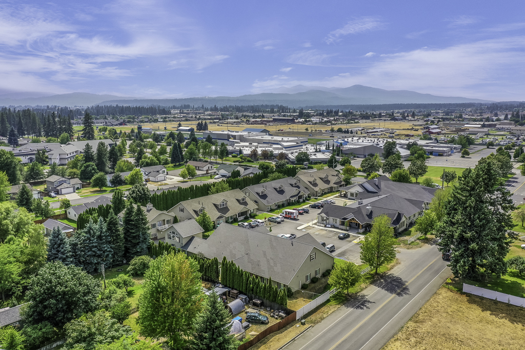 aerial view of building surrounded by trees