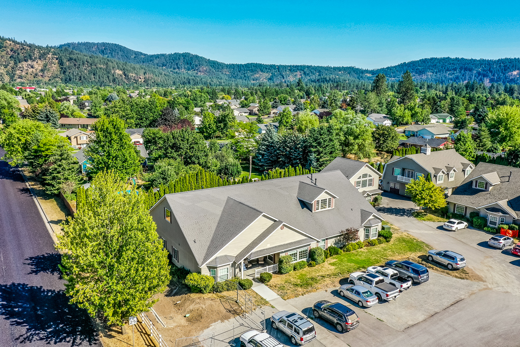 Aerial view of community surrounding by grass and trees